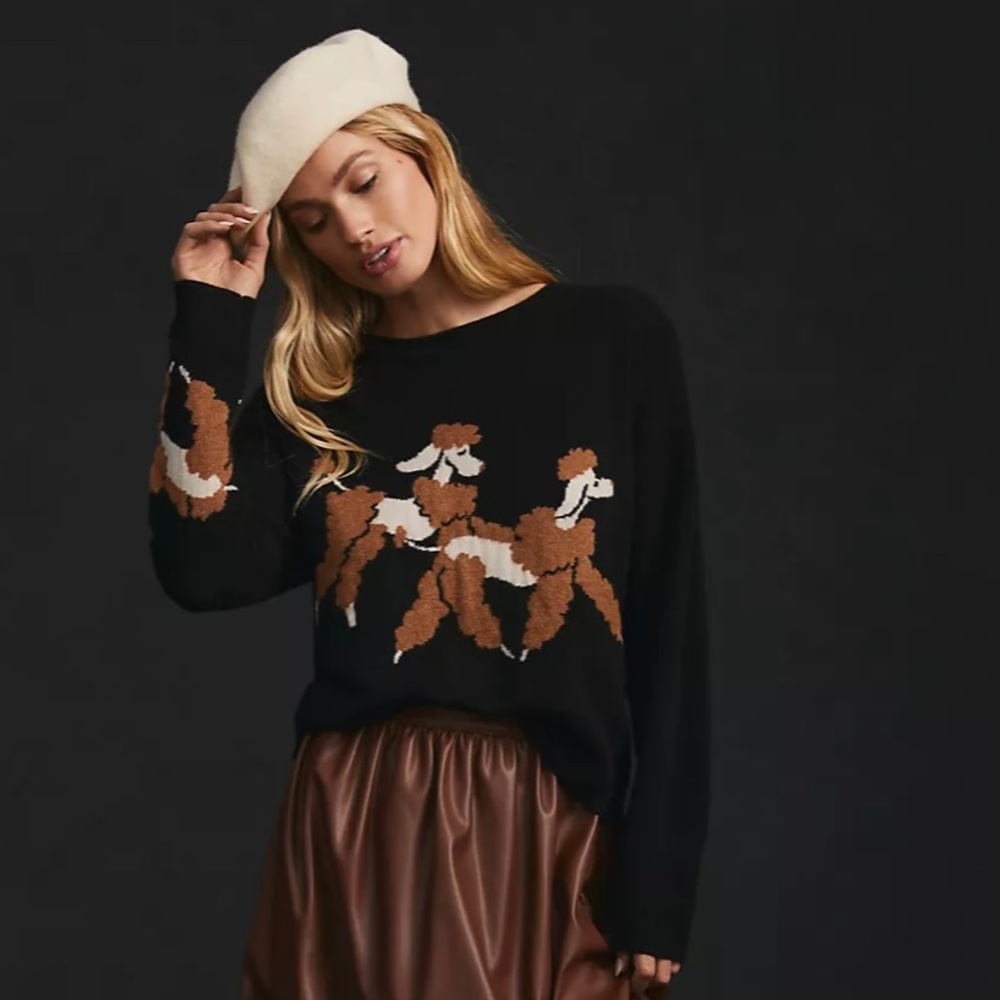 ANTHROPOLOGIE 100% cashmere Maeve Cashmere Intarsia Sweater - Poodle dogs